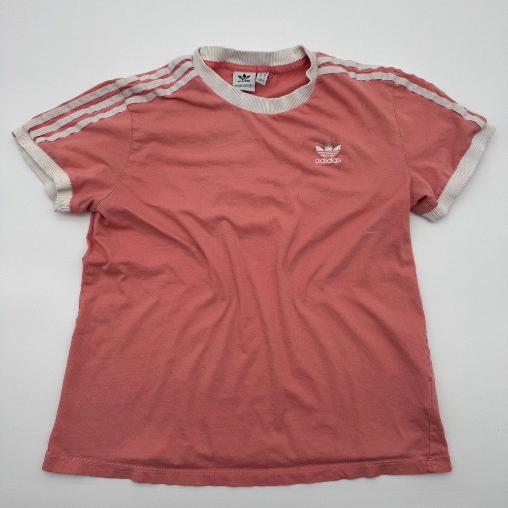 Adidas Originals Women Coral Pink 3-Stripe Ringer T-Shirt Trefoil Logo Small